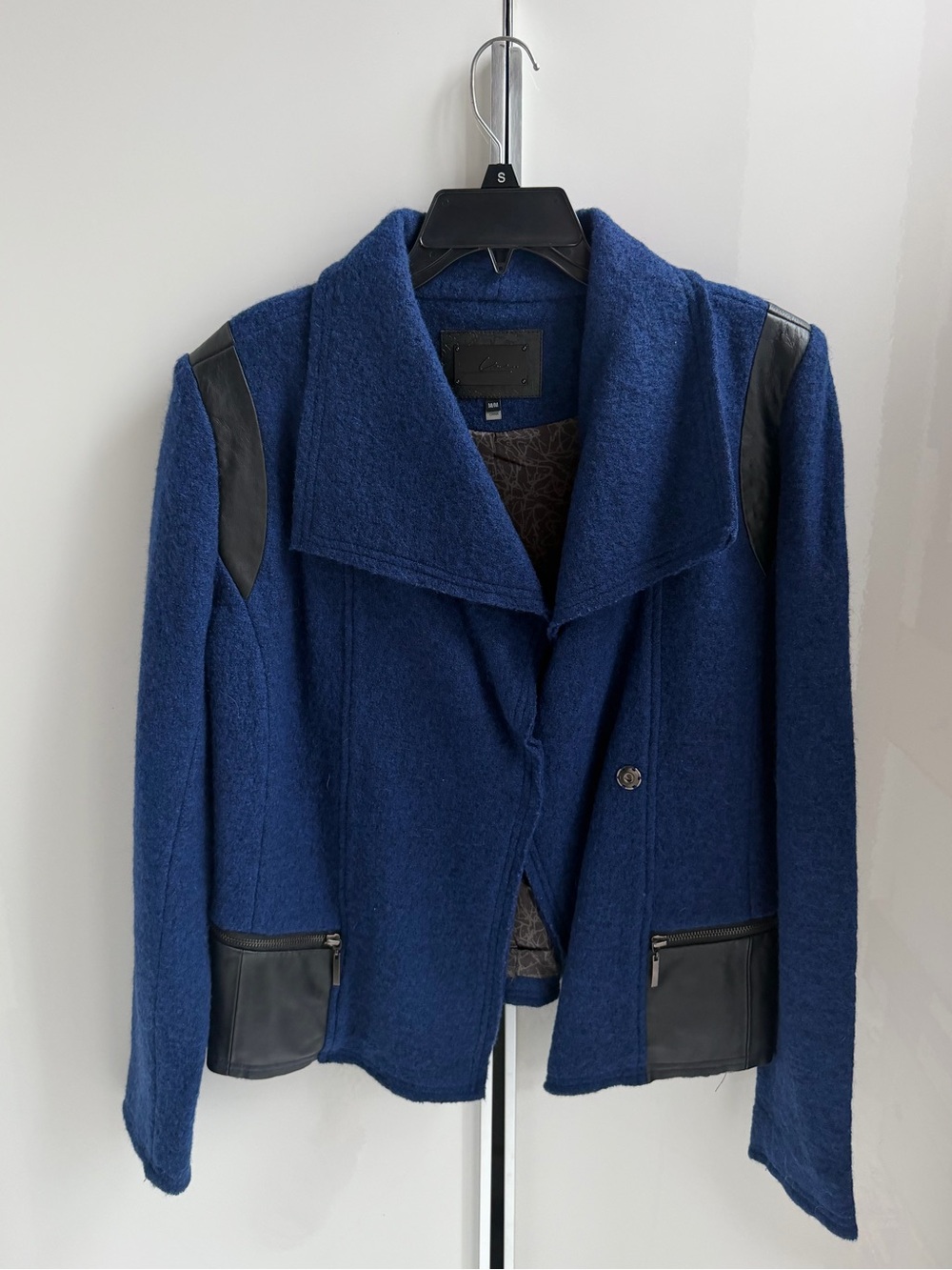 Wool-Blend Navy Blue Jacket with Black Leather Trim